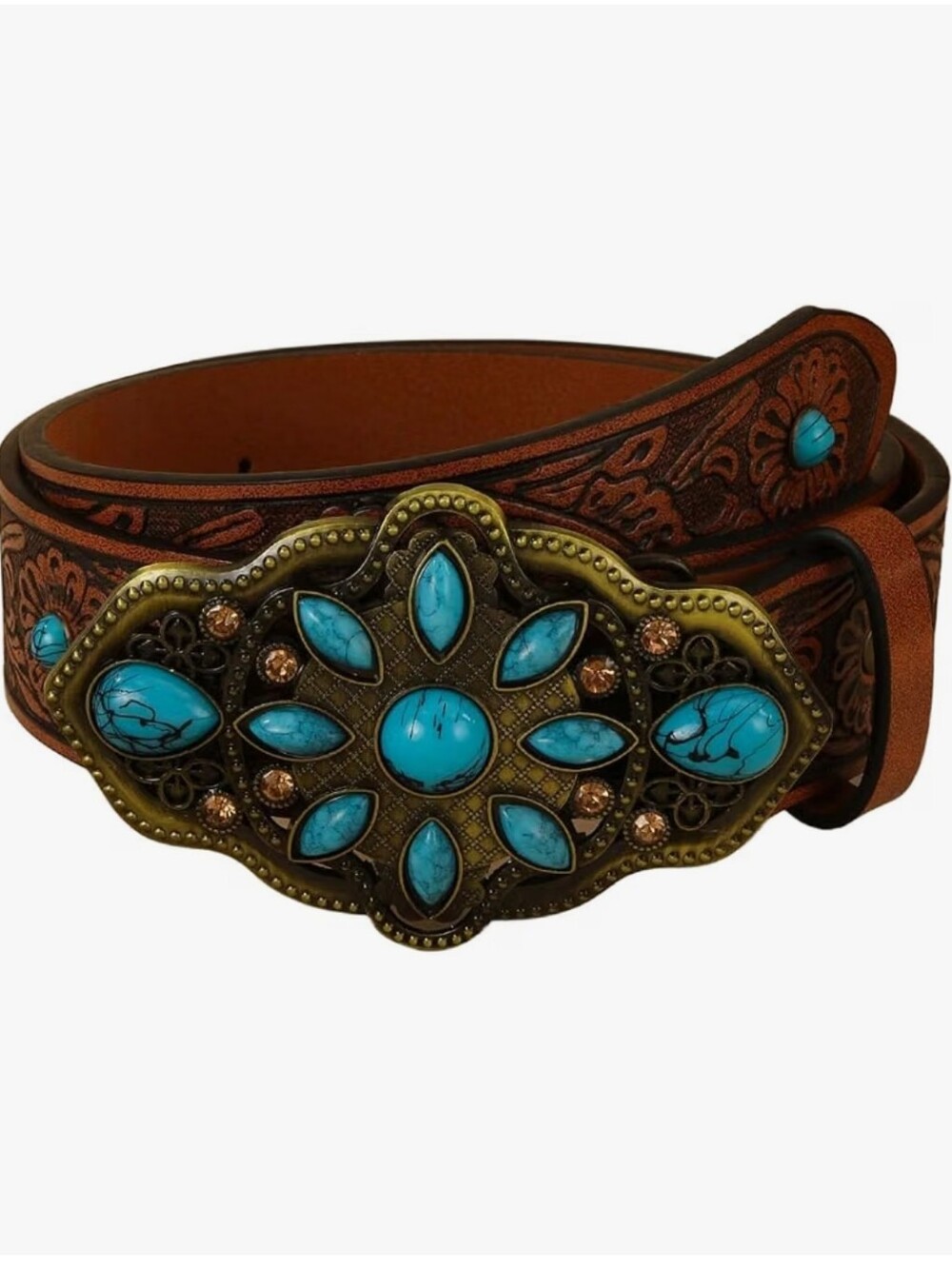 Turquoise Belt Western Belt Vintage Floral Embossed Buckle Pu Leather Waist